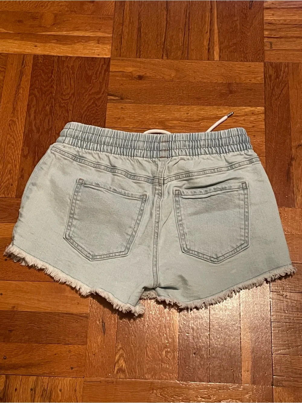 Celebrity Pink Light Blue Denim Drawstring Frayed-Hem Shorts Size Small